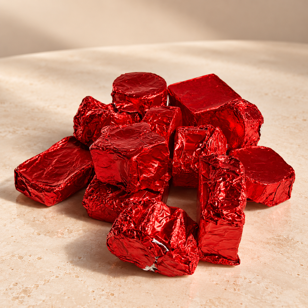 A pile of red foil-wrapped wax melts pieces on a light beige stone surface.