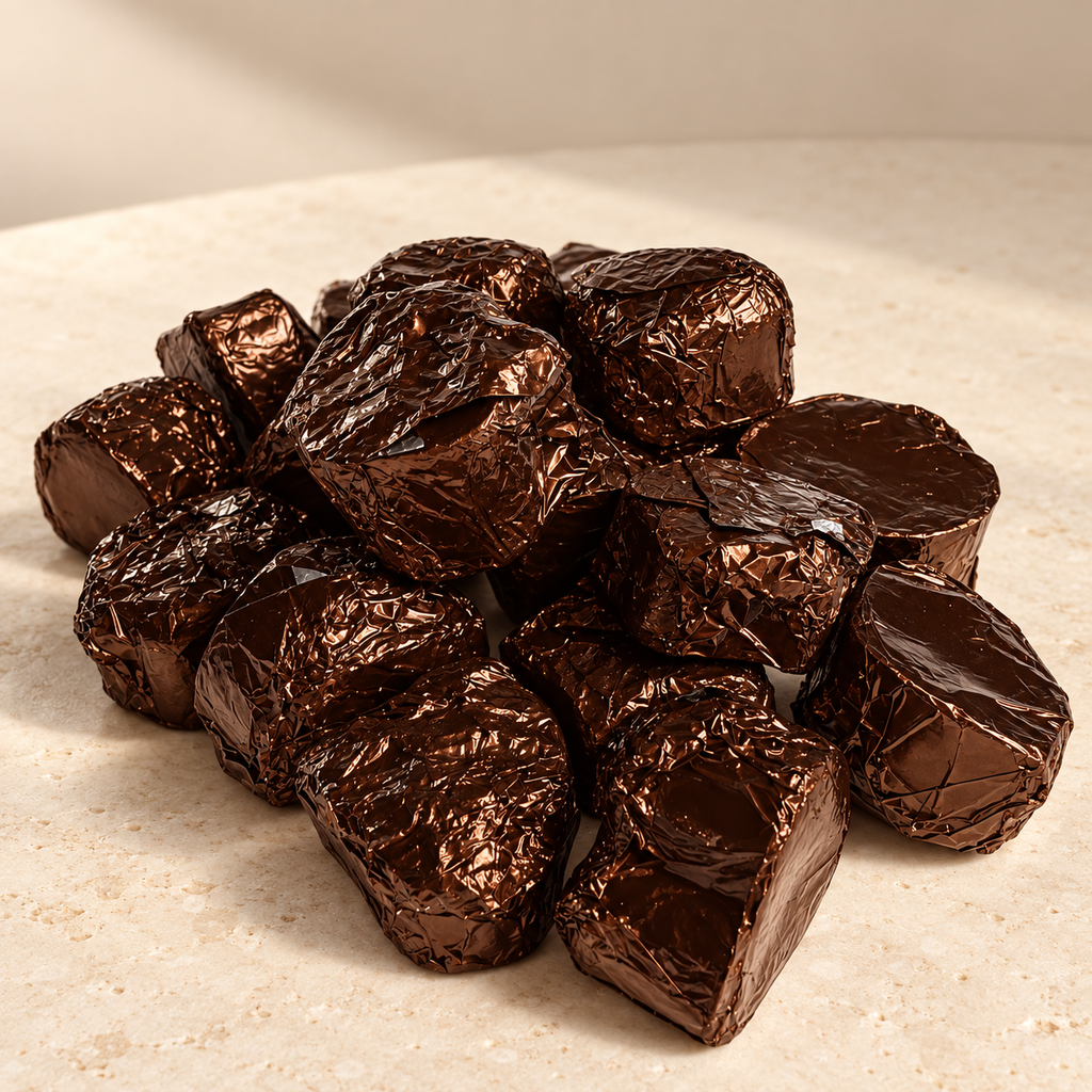 A pile of wax melts covered wrapped in shiny dark brown foil, arranged on a light beige stone surface.