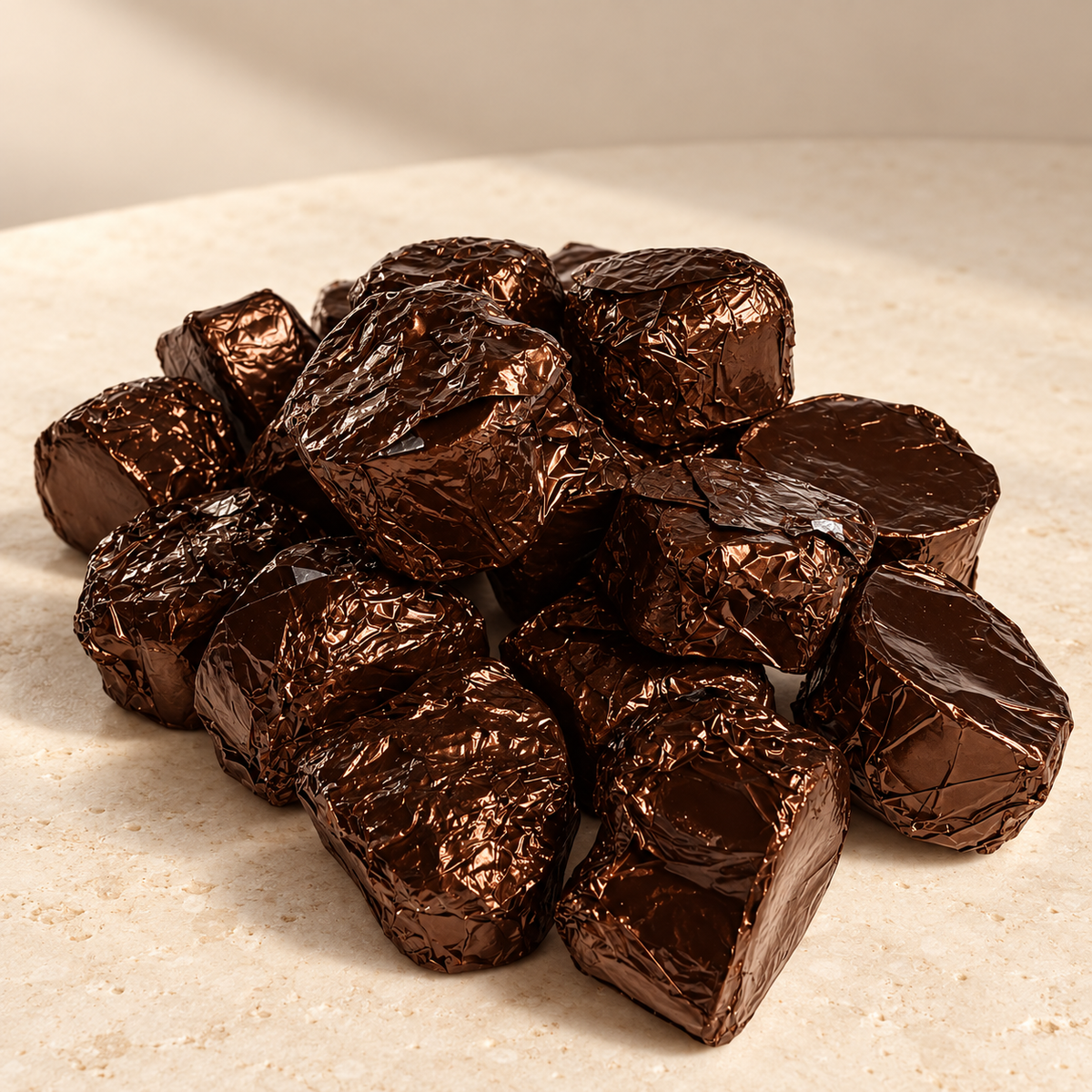 A pile of wax melts covered wrapped in shiny dark brown foil, arranged on a light beige stone surface.