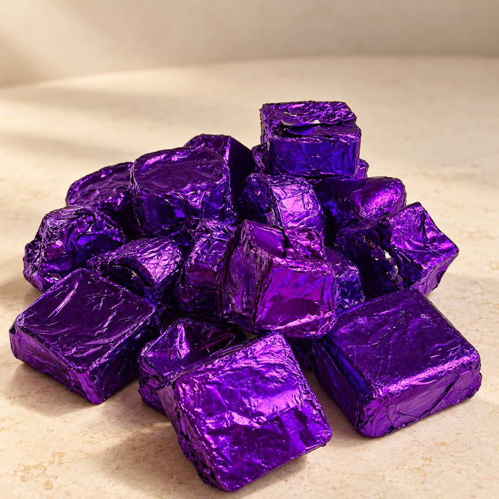 A pile of square wax melts wrapped in shiny metallic purple foil, arranged on a light beige surface.