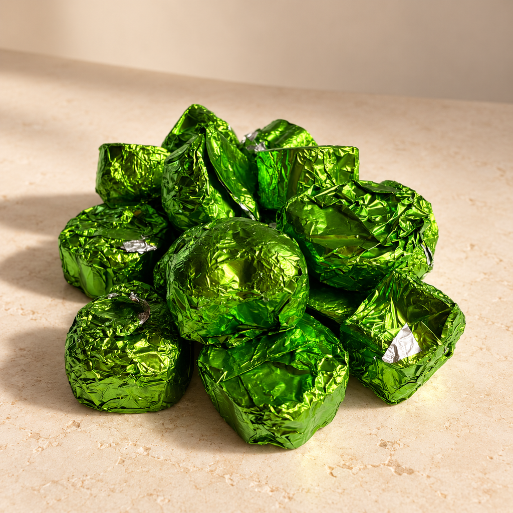 A pile of wax melts wrapped in shiny metallic green foil, arranged on a light beige stone surface.