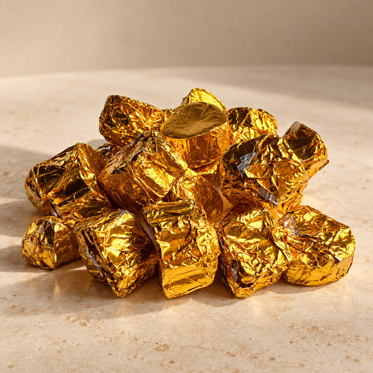 A pile of small, crumpled gold foil-wrapped wax melts arranged on a light beige stone surface.