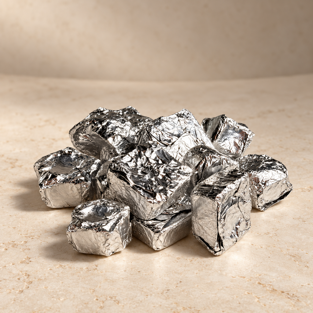 A pile of crumpled silver aluminum wrapped wax melts on a light beige stone-like surface against a matching beige background.